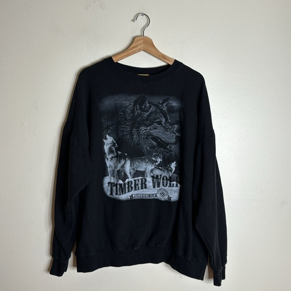 Vintage 90s Timber Wolf Wildlife Black Sweatshirt 2XLarge Graphic Wolf Pullover - Picture 1 of 9